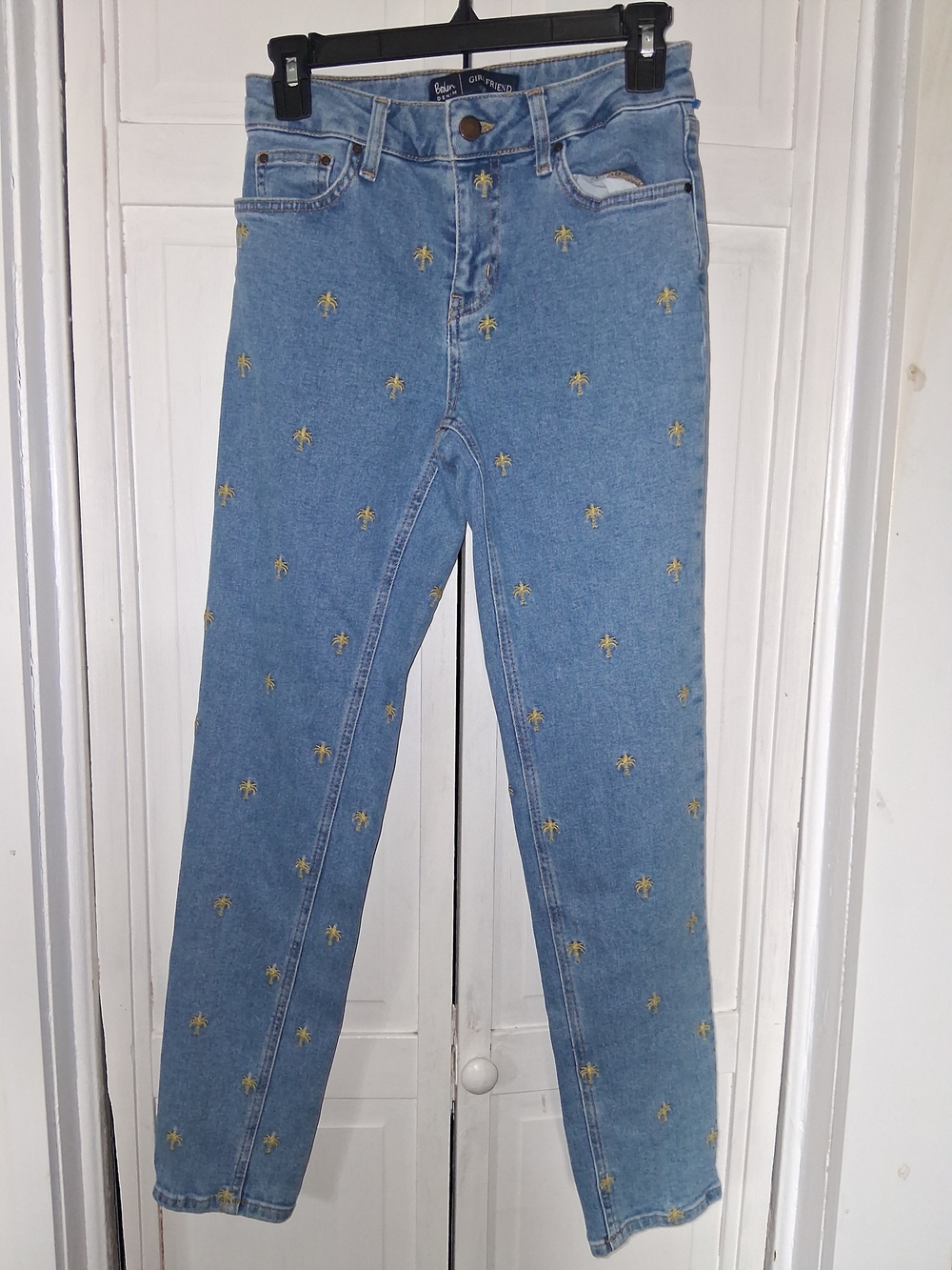 Boden Denim Girlfriend Jeans in Light Blue with Yellow Stitching Palm Trees
